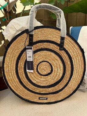 Rebecca Minkoff Natural Straw Circle Tote with Black Trim
